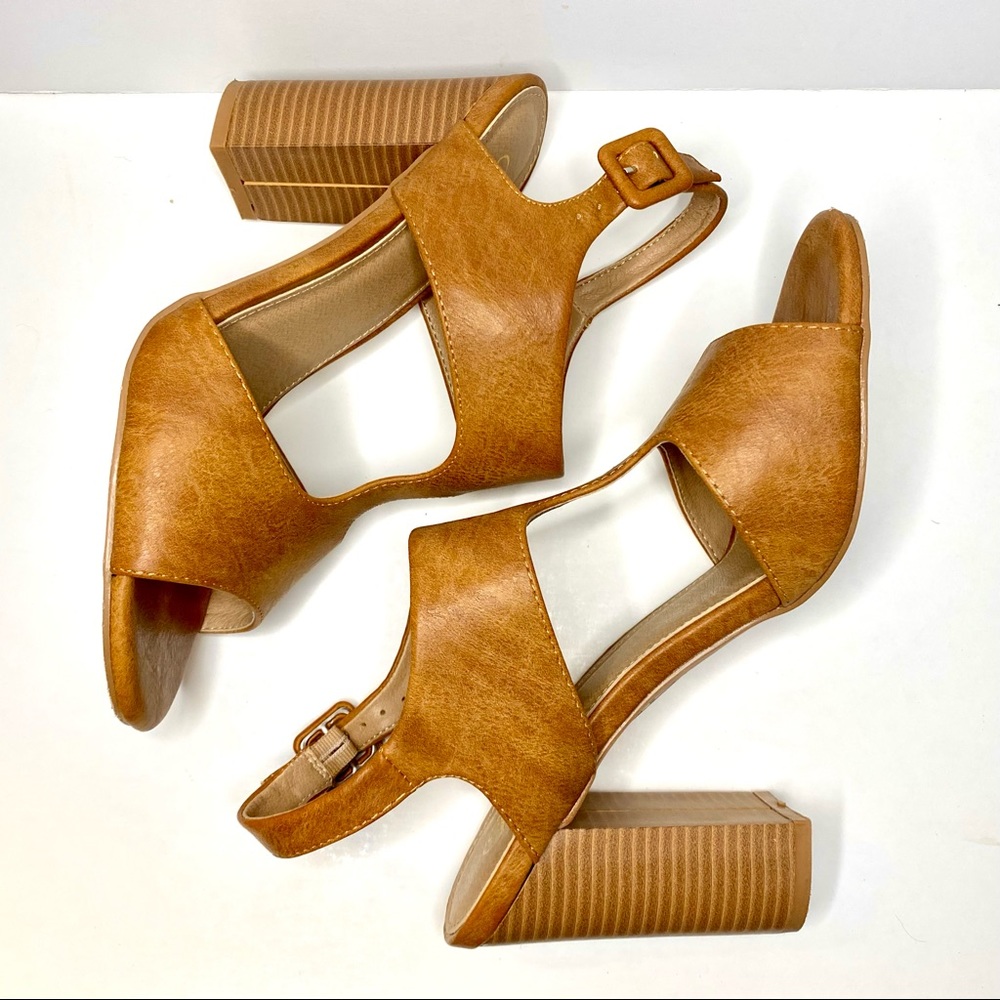 Modern Rebel T-Strap Block Heels in Faux Congac Leather